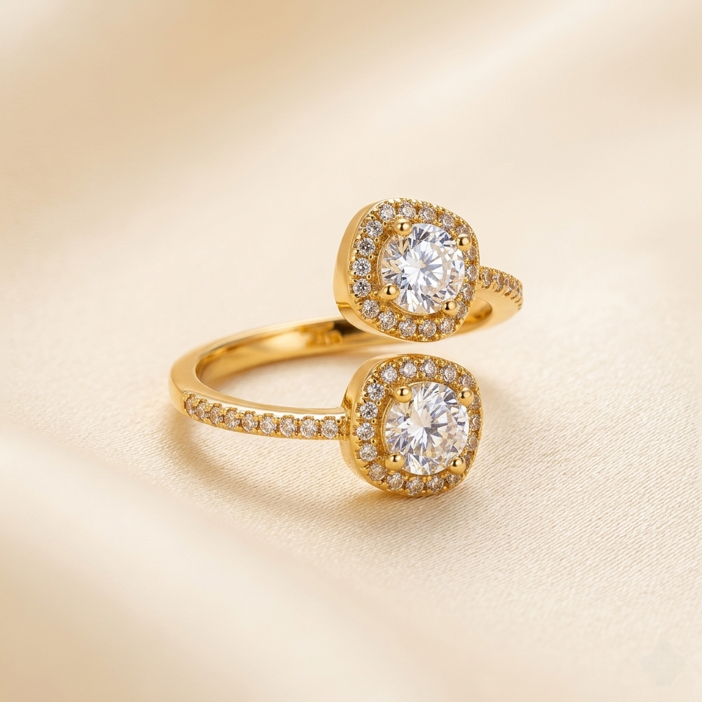 Elegant Twin Halo Crystal Bypass Ring - Adjustable Fit