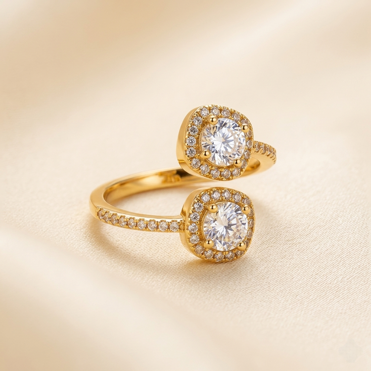 Elegant Twin Halo Crystal Bypass Ring - Adjustable Fit