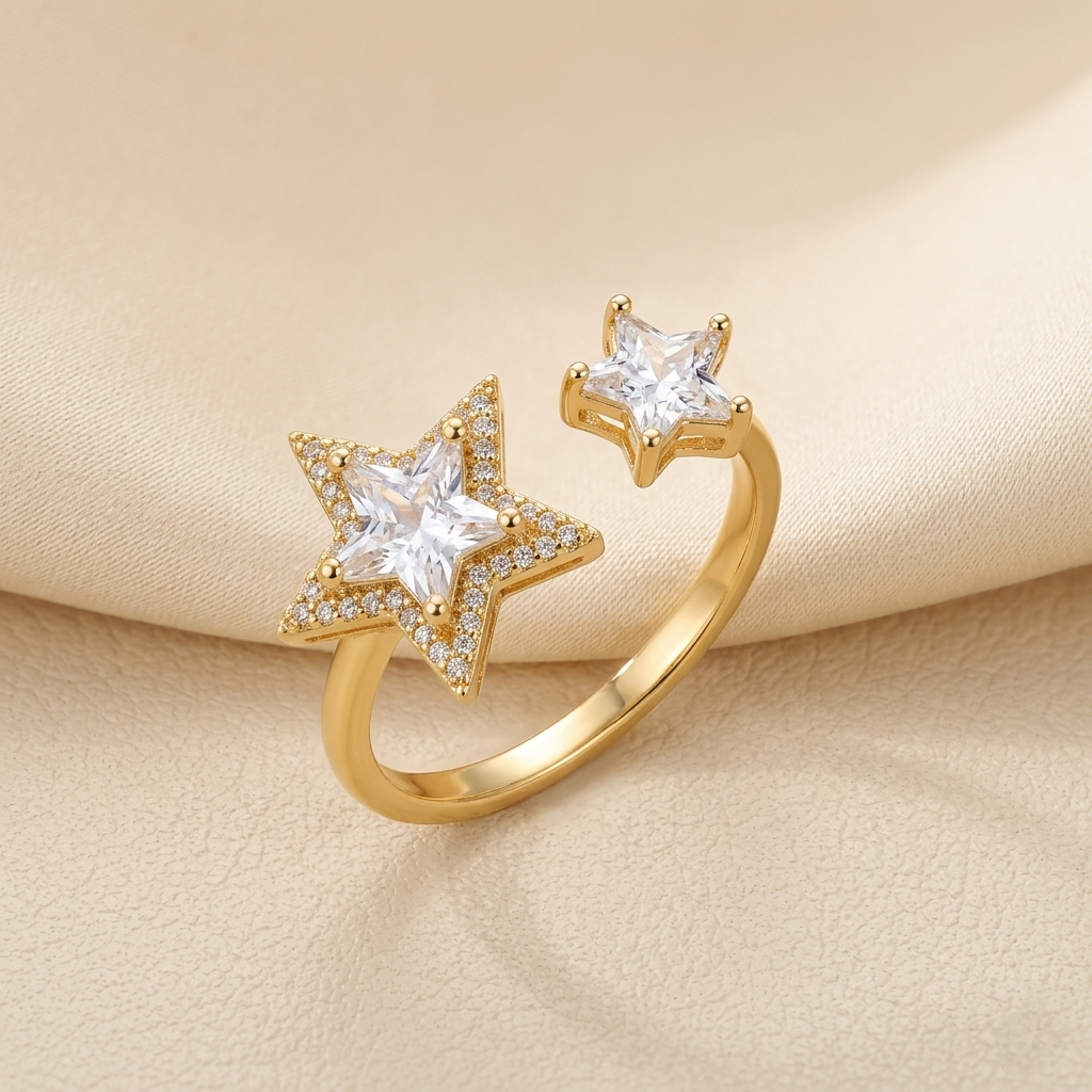 Elegant Dual Star Crystal Ring - Adjustable Open Band