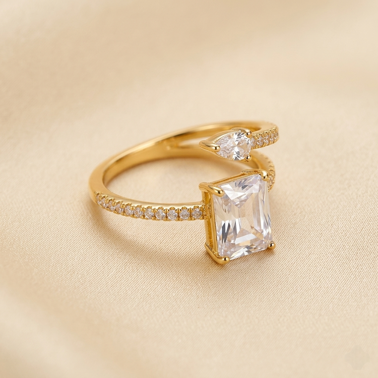Elegant Emerald & Pear Cut Crystal Bypass Ring - Adjustable Fit