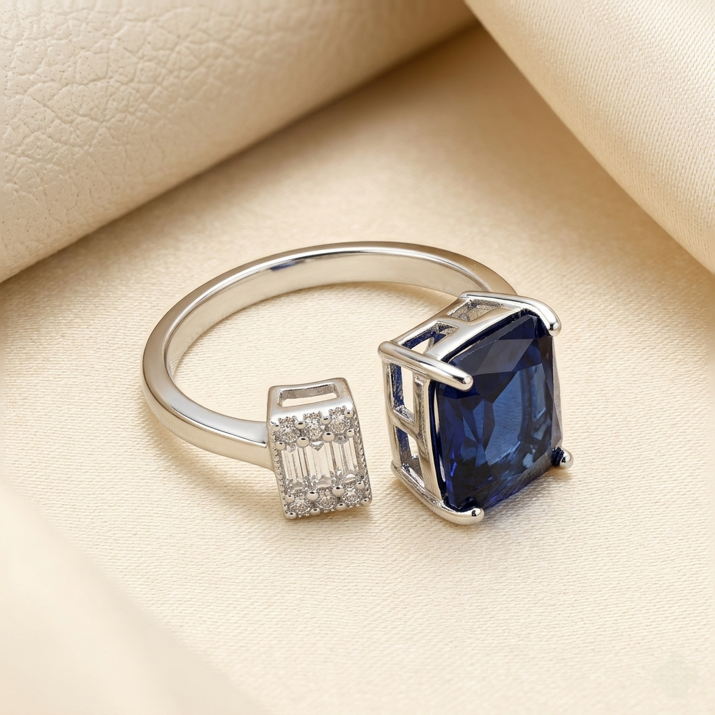 Stunning Blue Crystal Bypass Ring - Adjustable Open Band