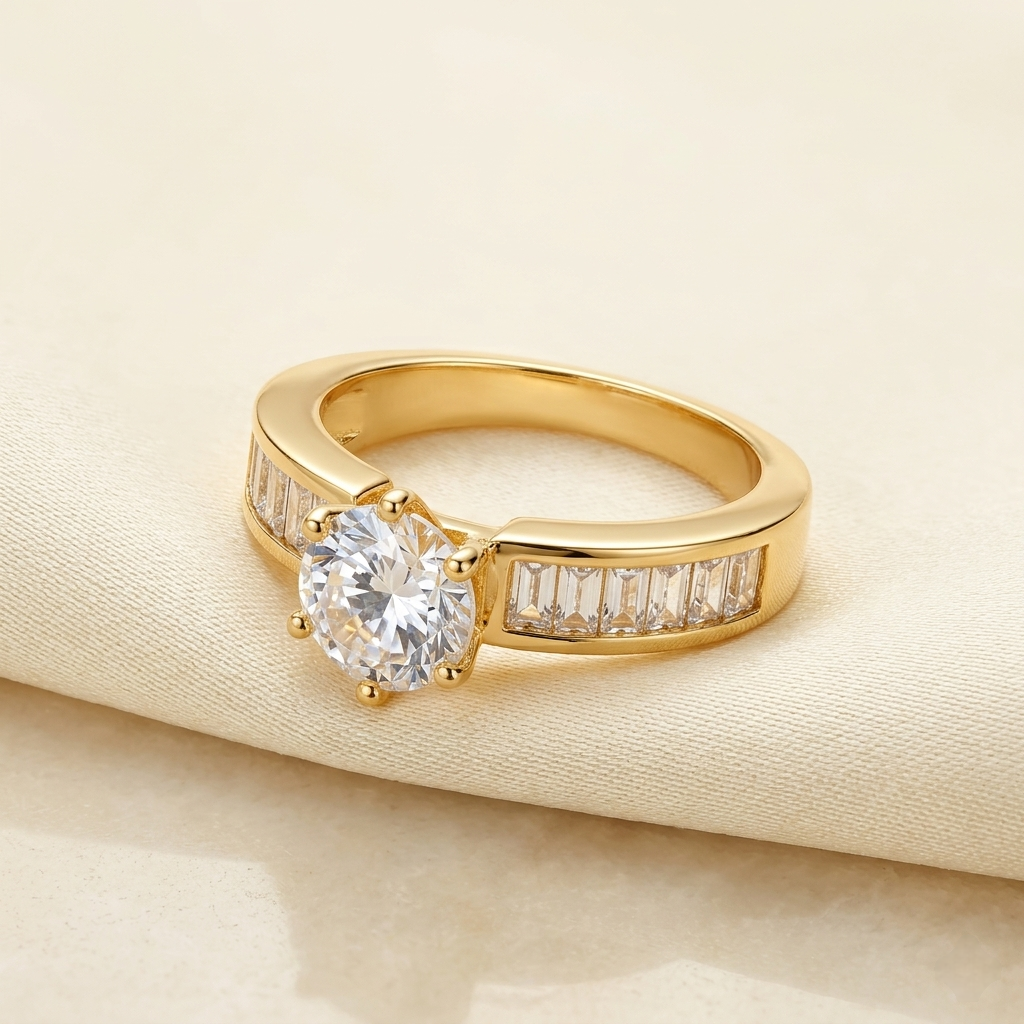 Classic Round Solitaire Crystal Ring - Baguette Band
