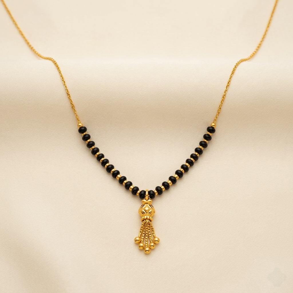 Elegant Yellow-Tone Black Bead Tassel Pendant Mangalsutra
