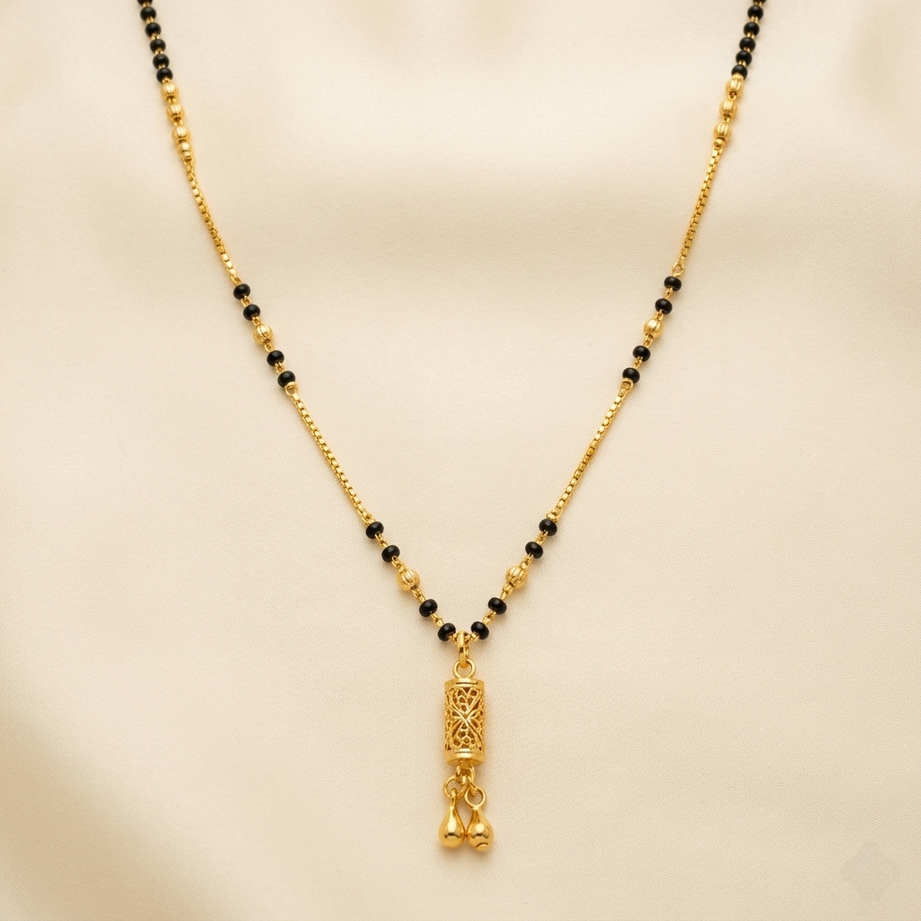 Elegant Filigree Barrel Pendant Black Bead Mangalsutra