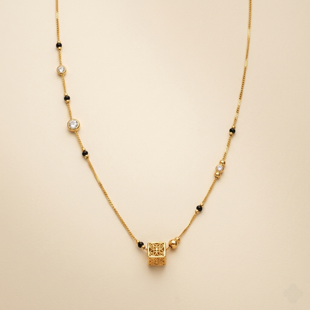 Elegant Filigree Cube Crystal Station Black Bead Mangalsutra