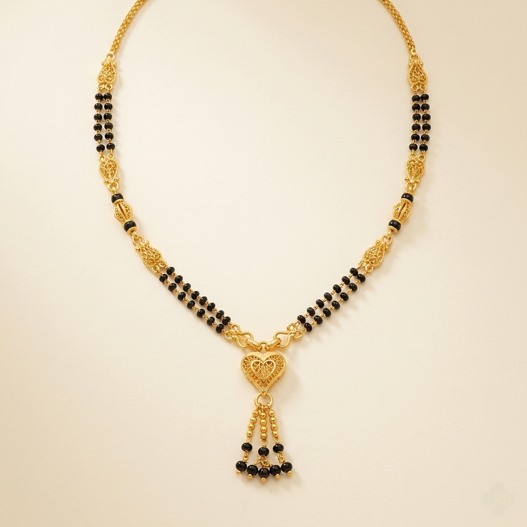 Elegant Filigree Heart Pendant Black Bead Mangalsutra