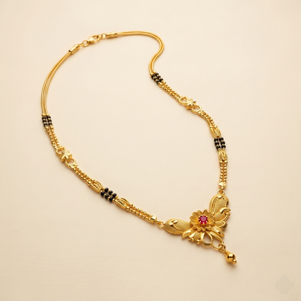Elegant Red Crystal Floral Pendant Black Bead Mangalsutra