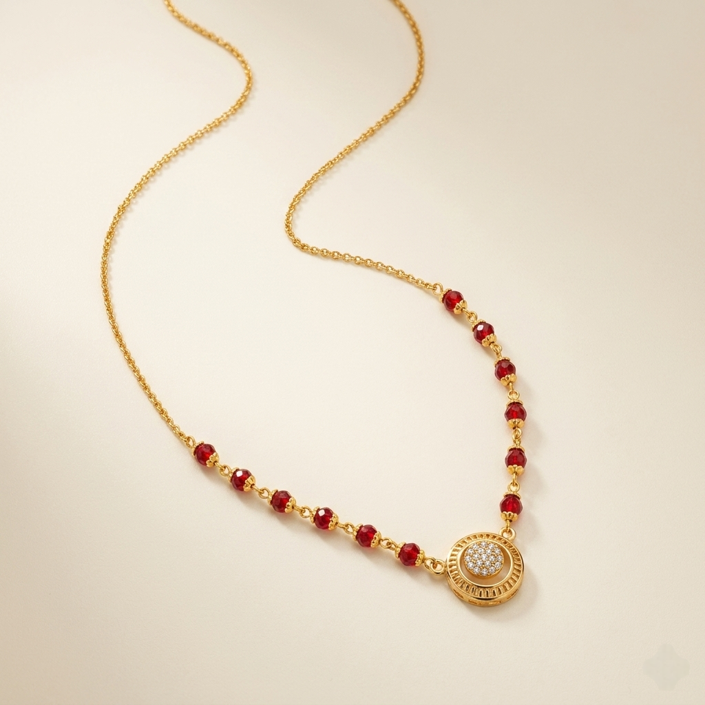 Elegant Red Bead Pave Crystal Circular Pendant Mangalsutra