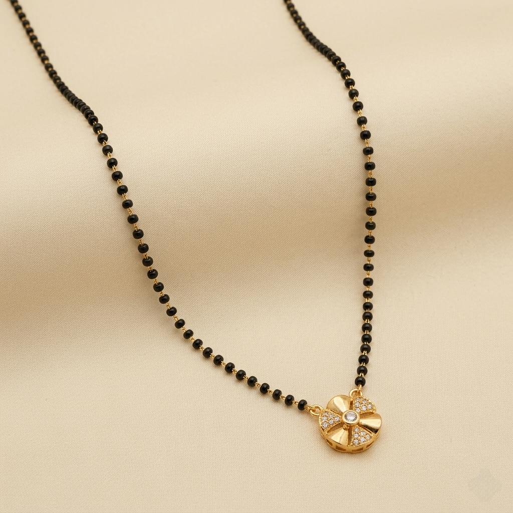 Elegant Pave Crystal Floral Black Bead Mangalsutra
