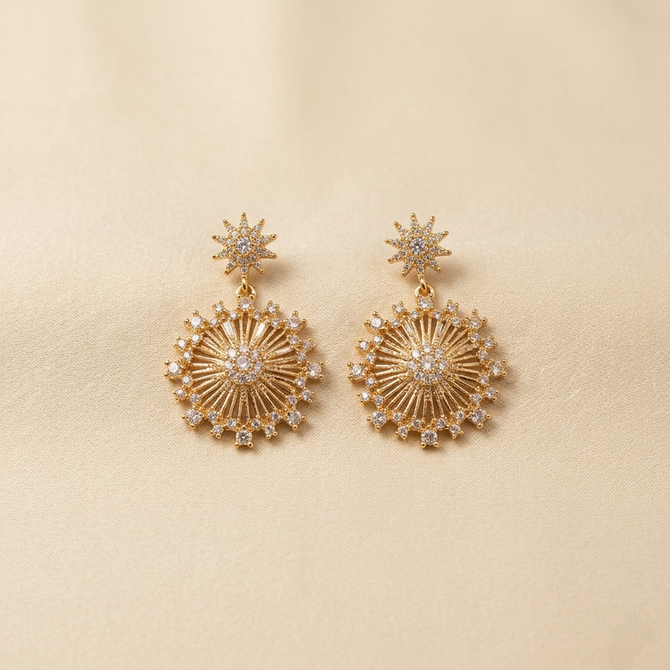 Elegant Pave Crystal Sunburst Statement Drop Earrings