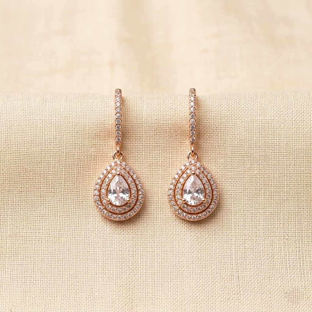 Elegant Rose-Tone Pear Crystal Double Halo Drop Earrings