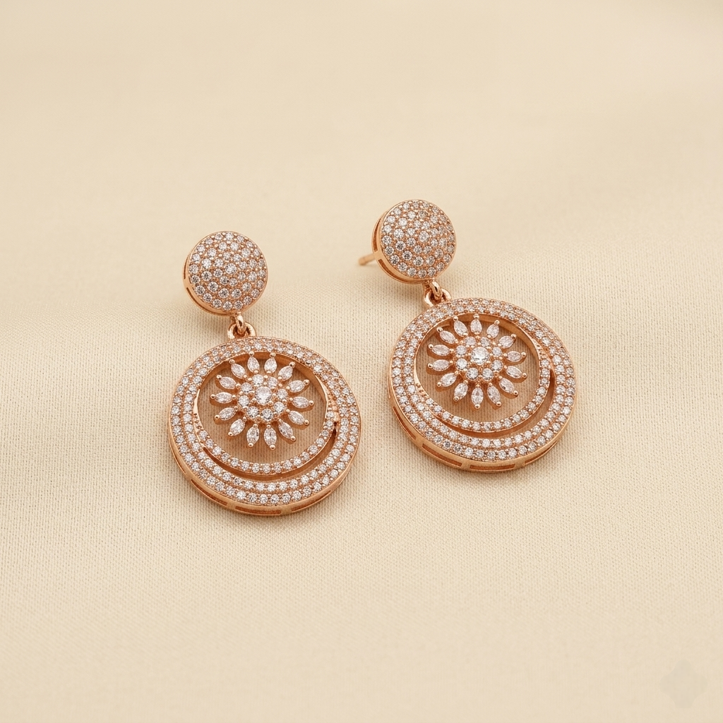 Elegant Pave Crystal Floral Circular Drop Earrings
