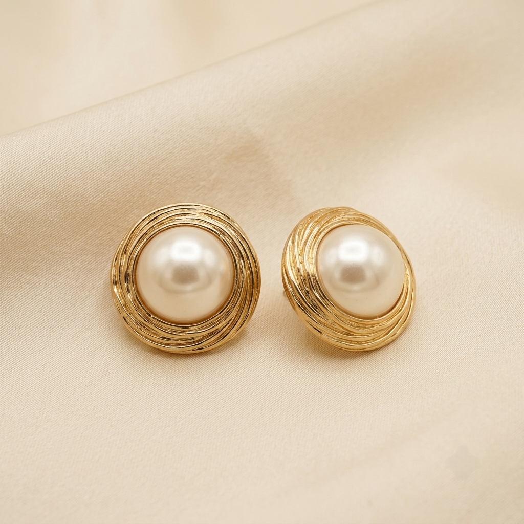 Premium Pearl Stud Earrings with Textured Metallic Halo