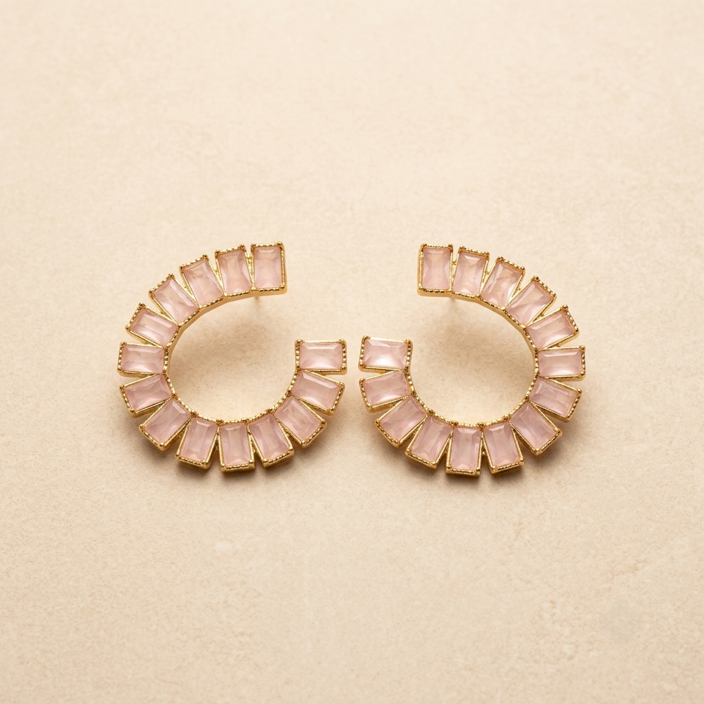 Luxurious Blush Pink Crystal Crescent Hoop Earrings