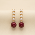 Luxurious Deep Red Pearl & Square Crystal Drop Earrings