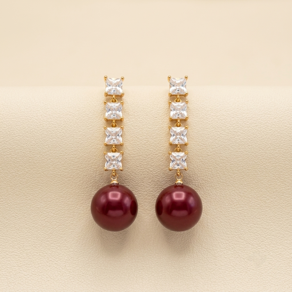 Luxurious Deep Red Pearl & Square Crystal Drop Earrings