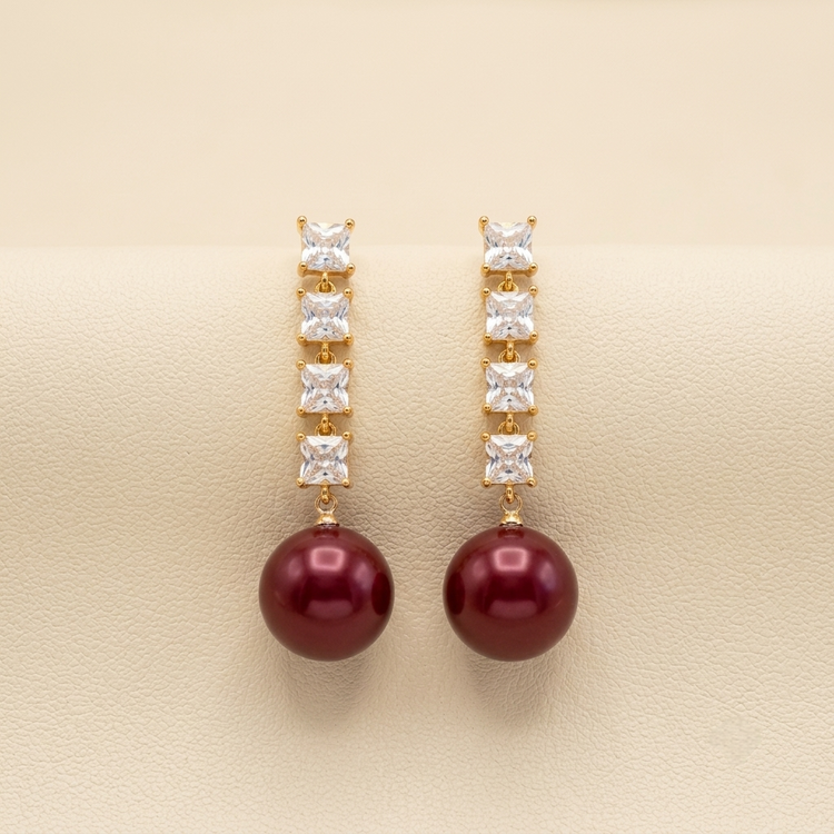 Luxurious Deep Red Pearl & Square Crystal Drop Earrings