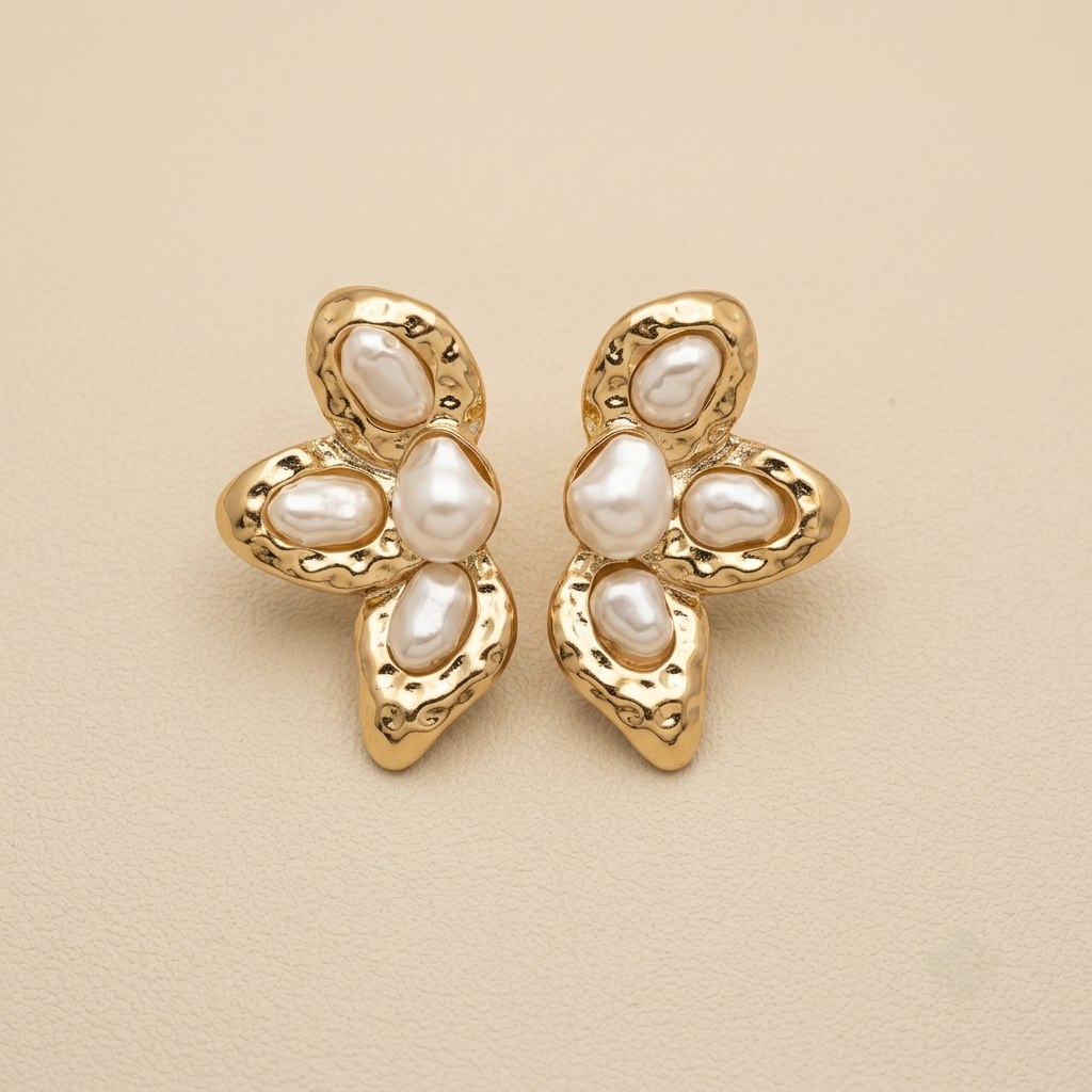 Premium Sculptural Hammered Pearl Floral Stud Earrings