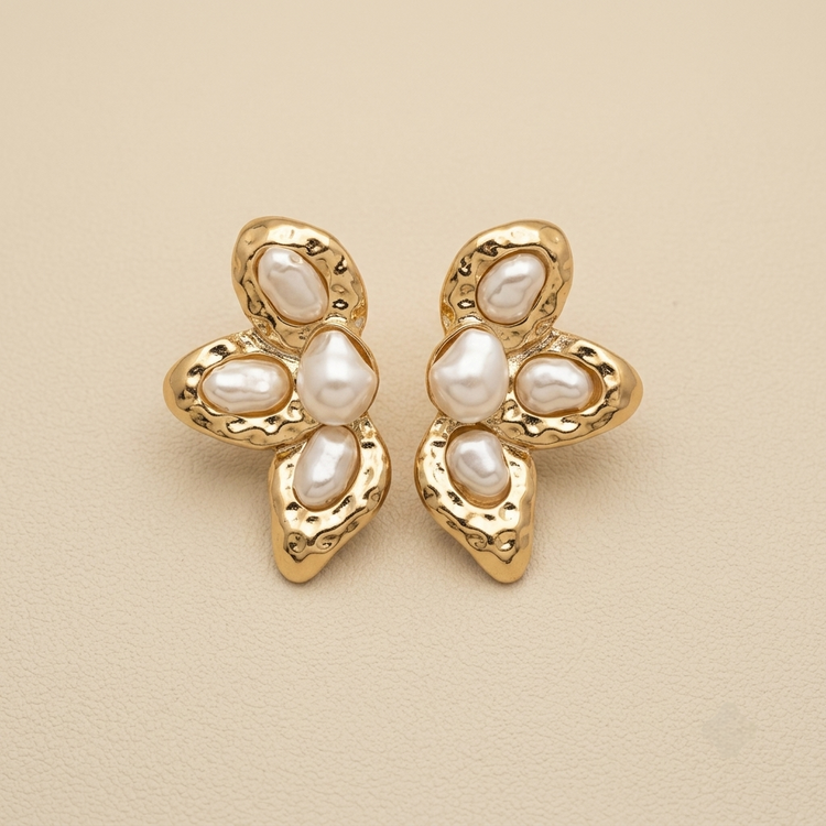 Premium Sculptural Hammered Pearl Floral Stud Earrings