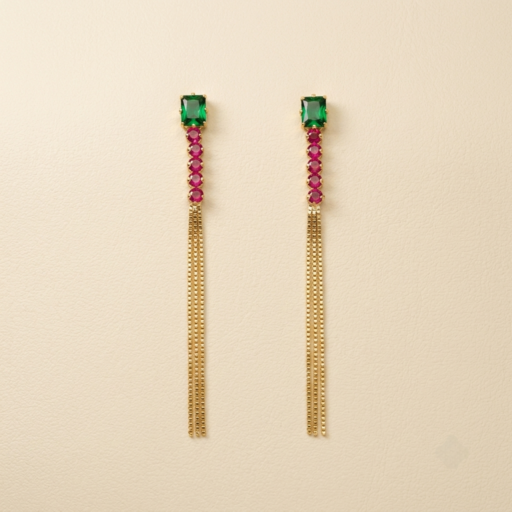 Luxurious Green & Pink Crystal Tassel Drop Earrings