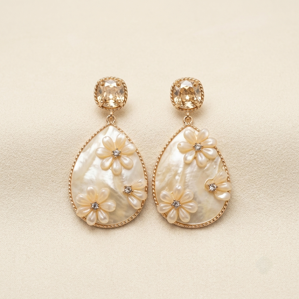Elegant Floral Pearlescent Teardrop Crystal Earrings