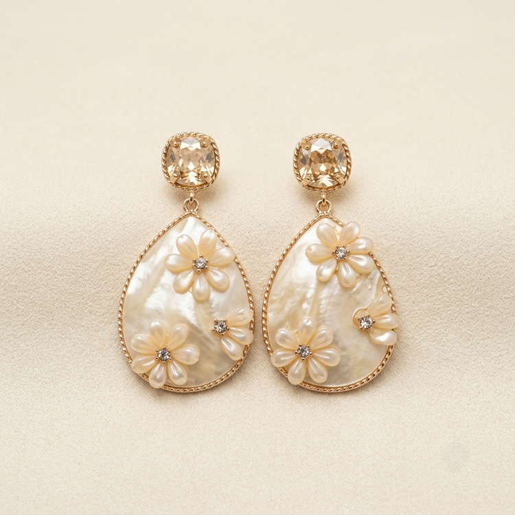 Elegant Floral Pearlescent Teardrop Crystal Earrings