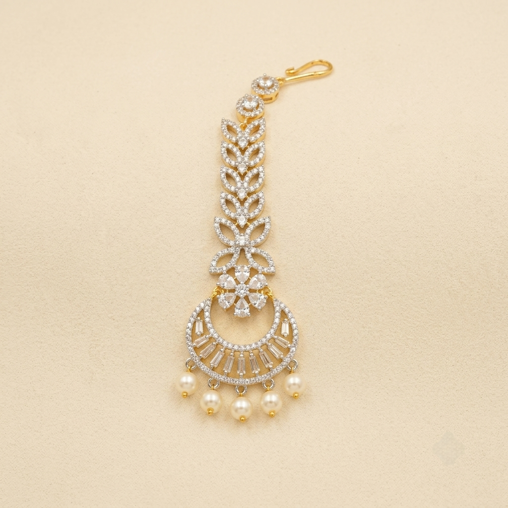 Radiant Crystal Crescent Maang Tikka with Pearl Drops