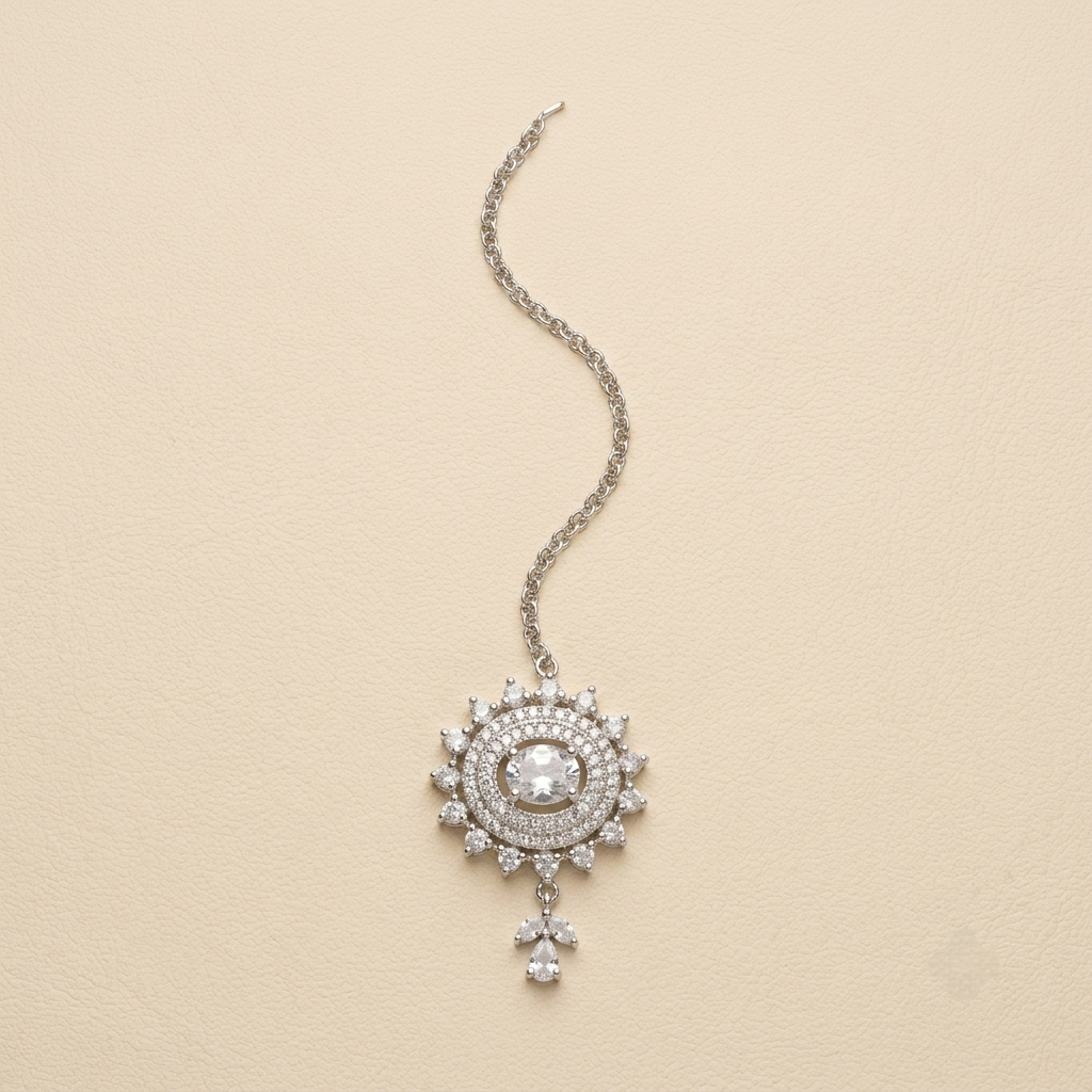 Radiant Crystal Sunburst Halo Medallion Maang Tikka