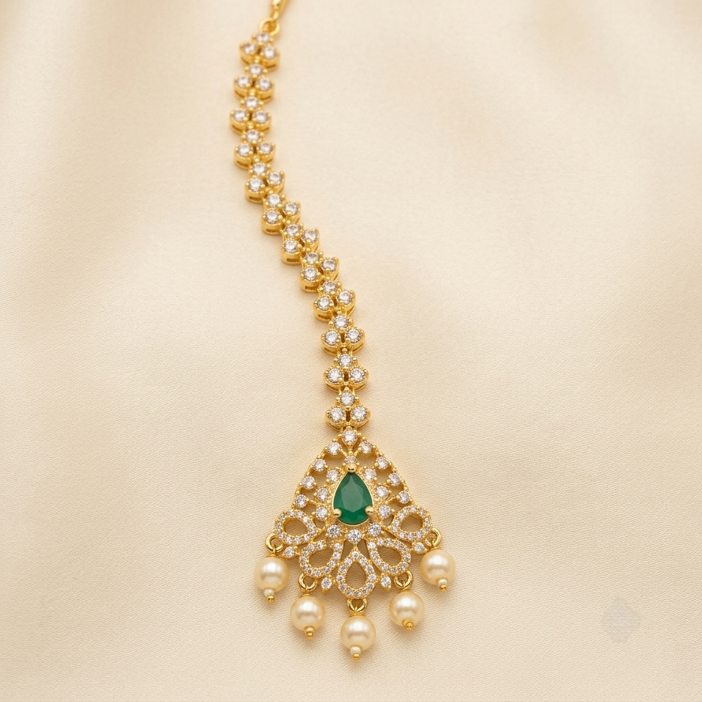 Emerald Teardrop Crystal Maang Tikka with Pearl Drops