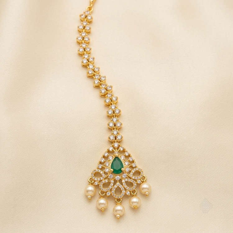 Emerald Teardrop Crystal Maang Tikka with Pearl Drops