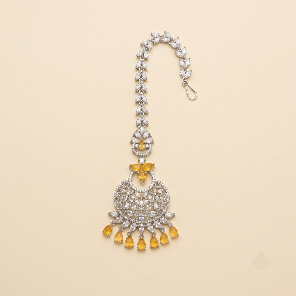Radiant Amber Teardrop Crystal Crescent Maang Tikka