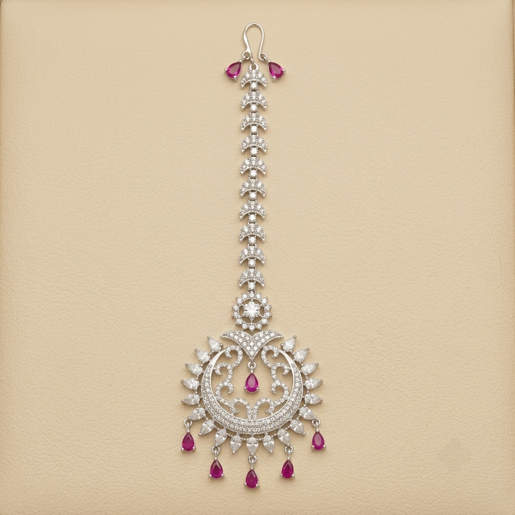 Ornate Crescent Crystal Maang Tikka with Fuchsia Accents