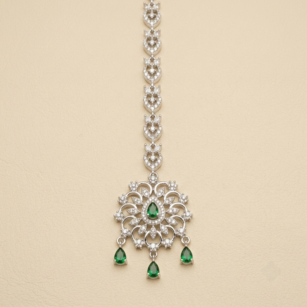 Emerald Teardrop Crystal Filigree Maang Tikka