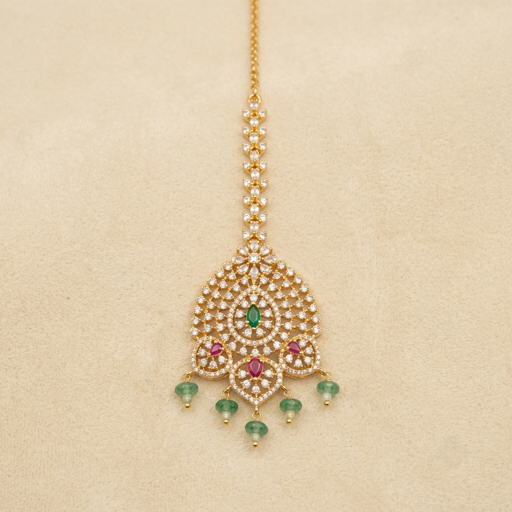 Ornate Crystal Maang Tikka with Emerald and Ruby Accents