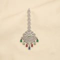 Multi-Gemstone Fan Design Maang Tikka in Silver Tone