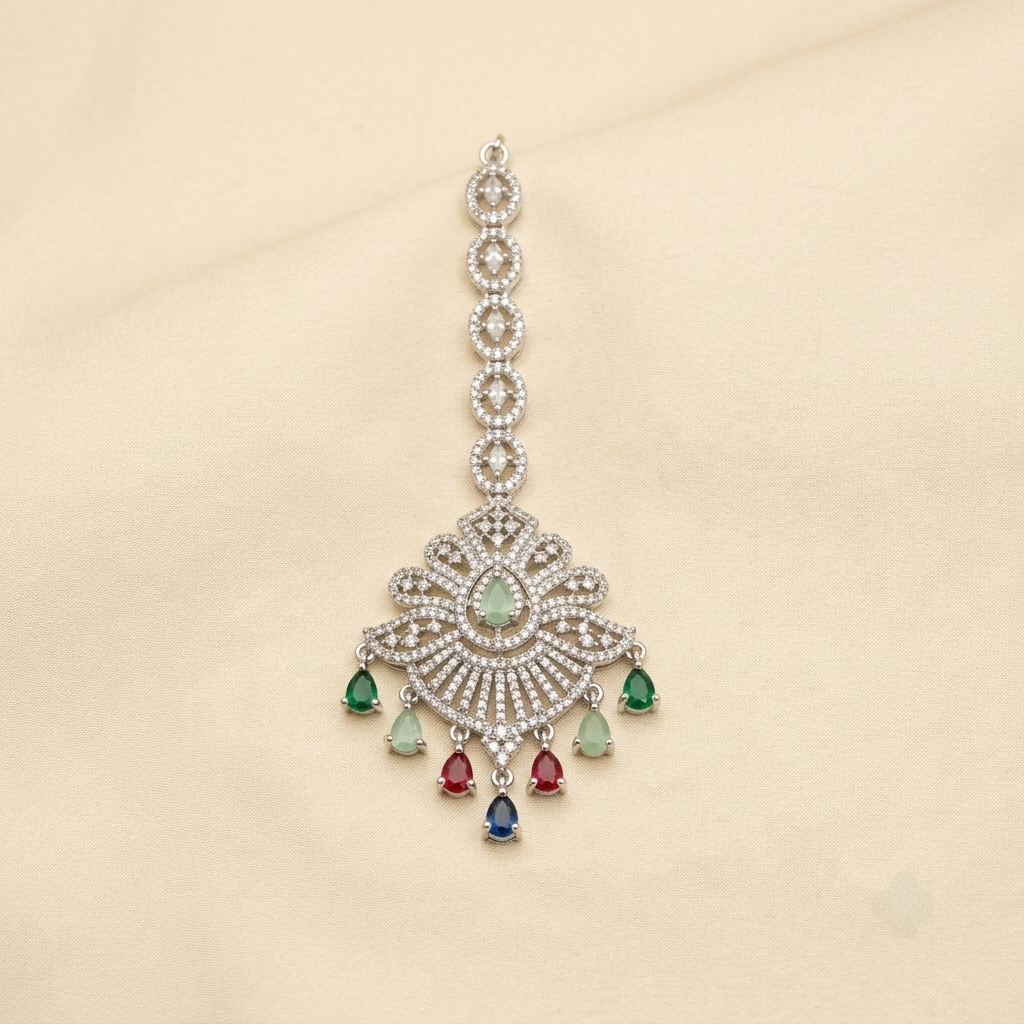 Multi-Gemstone Fan Design Maang Tikka in Silver Tone