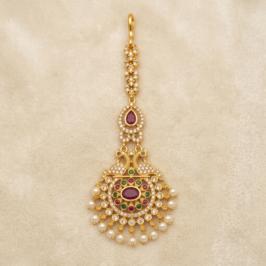 Elegant Peacock Motif Maang Tikka with Gemstone Accents