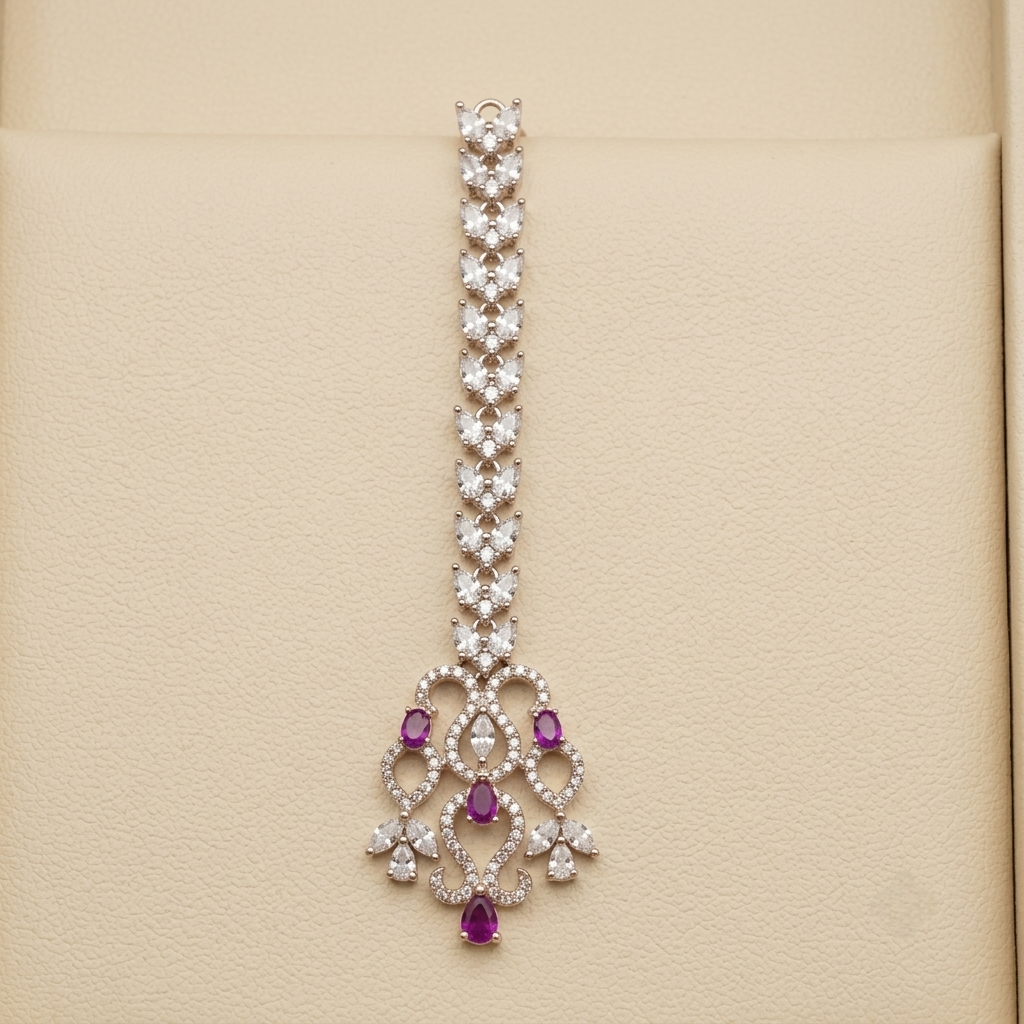 Radiant Marquise Crystal Maang Tikka with Fuchsia Accents