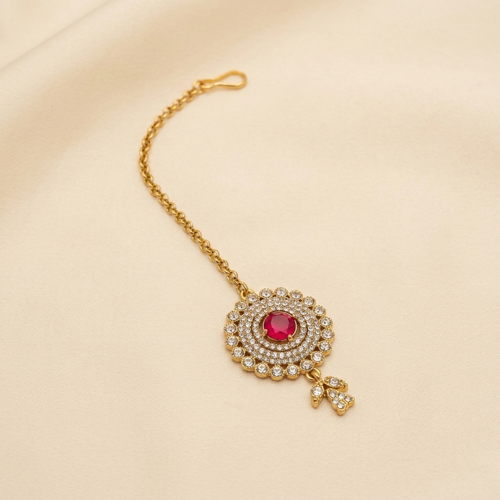Premium Crystal Halo Maang Tikka with Ruby Red Center