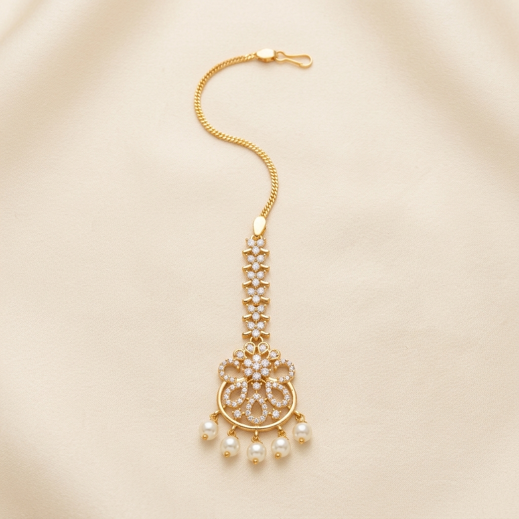 Premium Crystal Floral Maang Tikka with Pearl Drops