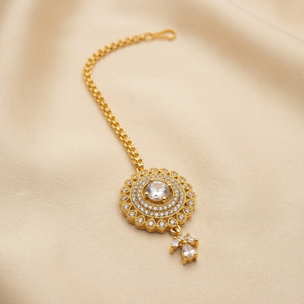 Radiant Crystal Halo Maang Tikka with Double Chain