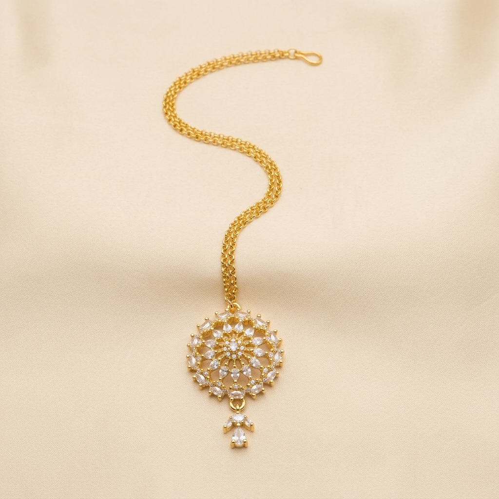 Premium Crystal Mandala Maang Tikka with Double Chain