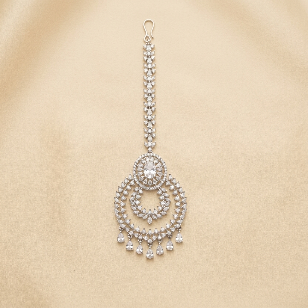 Premium Layered Crystal Maang Tikka with Teardrop Dangles