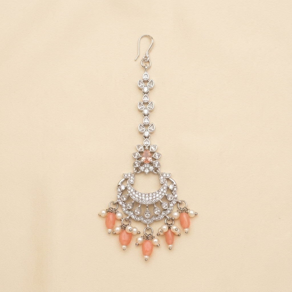 Crystal Crescent Maang Tikka with Peach Bead Drops