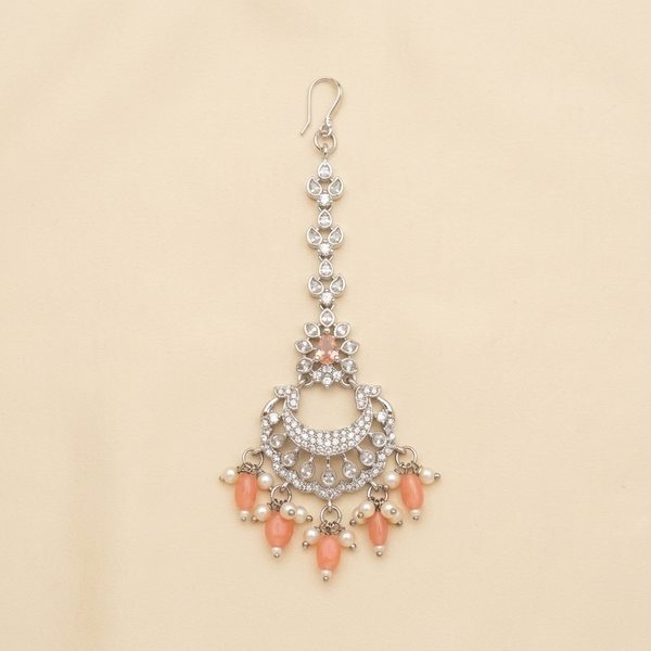 Crystal Crescent Maang Tikka with Peach Bead Drops