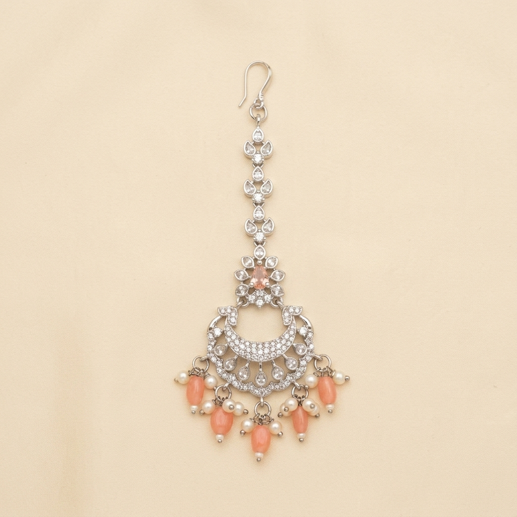 Crystal Crescent Maang Tikka with Peach Bead Drops