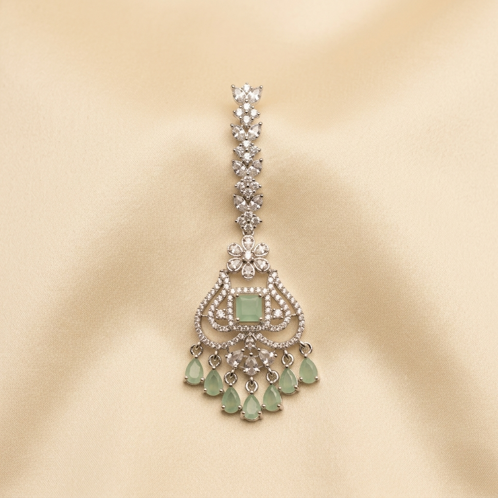 Premium Crystal Maang Tikka with Mint Green Drops