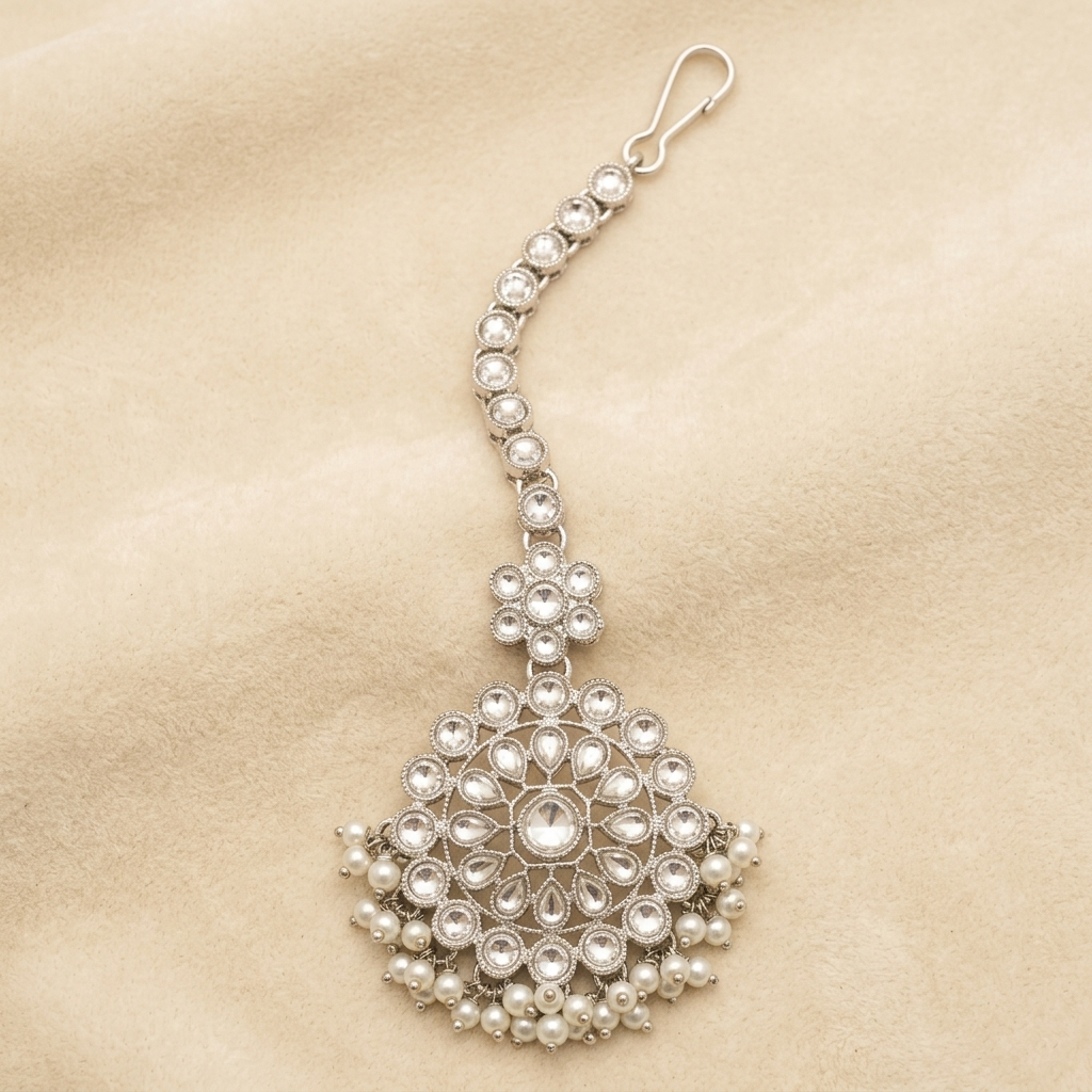 Premium Crystal Floral Maang Tikka with Pearl Drops