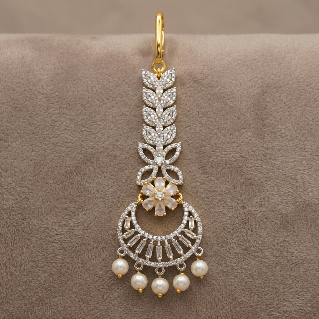 Premium Crystal Crescent Maang Tikka with Pearl Drops