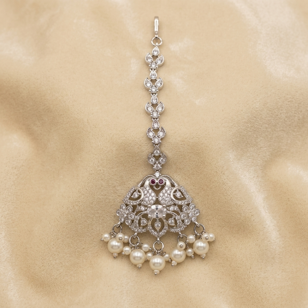 Crystal Peacock Maang Tikka with Pearl Drops
